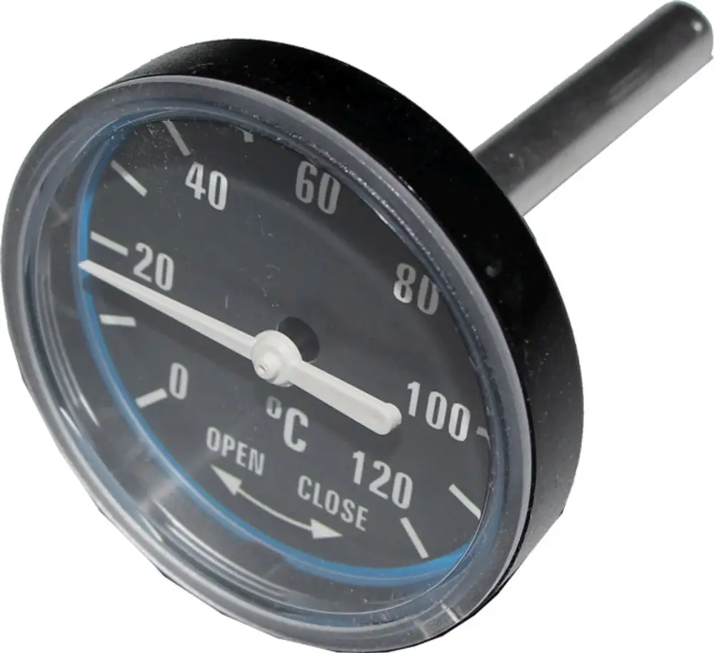 Thermometer von Wolf mit schwarzem Zifferblatt und Zeiger, skaliert von 0 bis 120 Grad Celsius, zur Temperaturmessung geeignet.